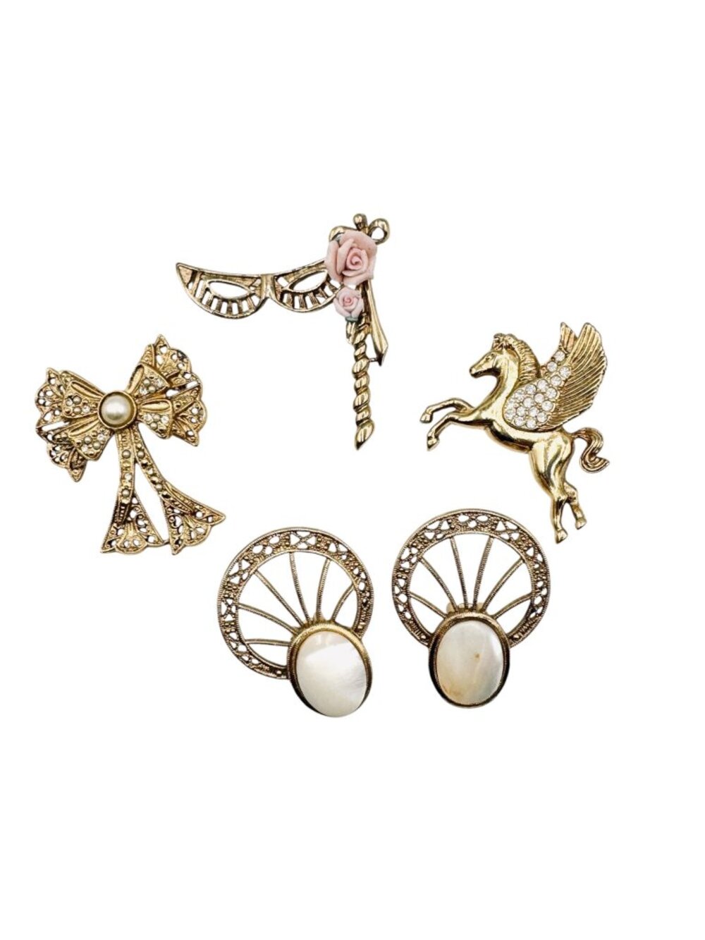 1928 Brand Brooch Lot Pegasus Bow Statement Earrings + Cotillion Mask Vintage
